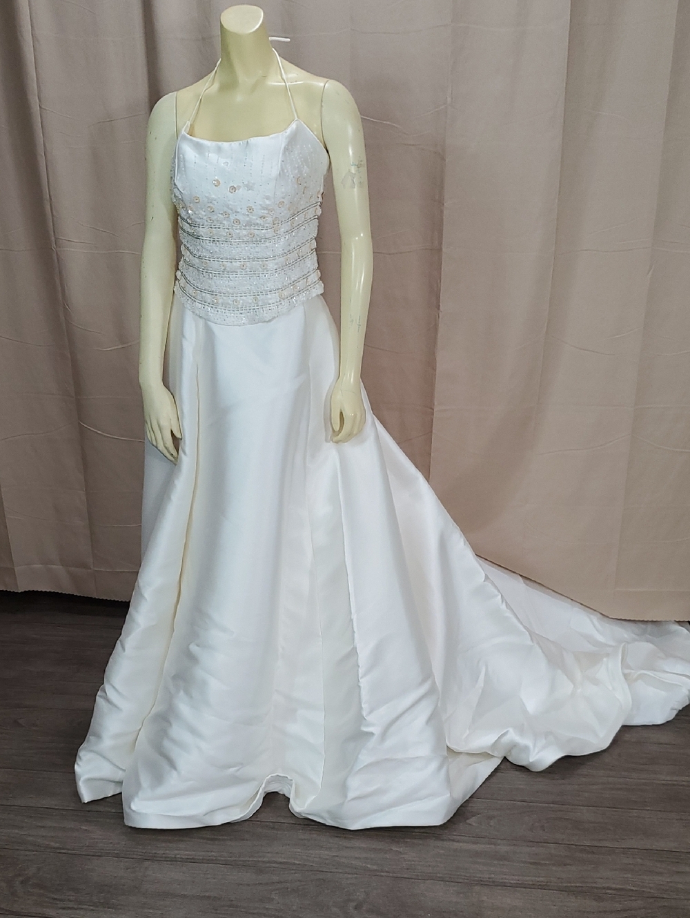 Ivory Beaded Halter Satin Bridal Gown